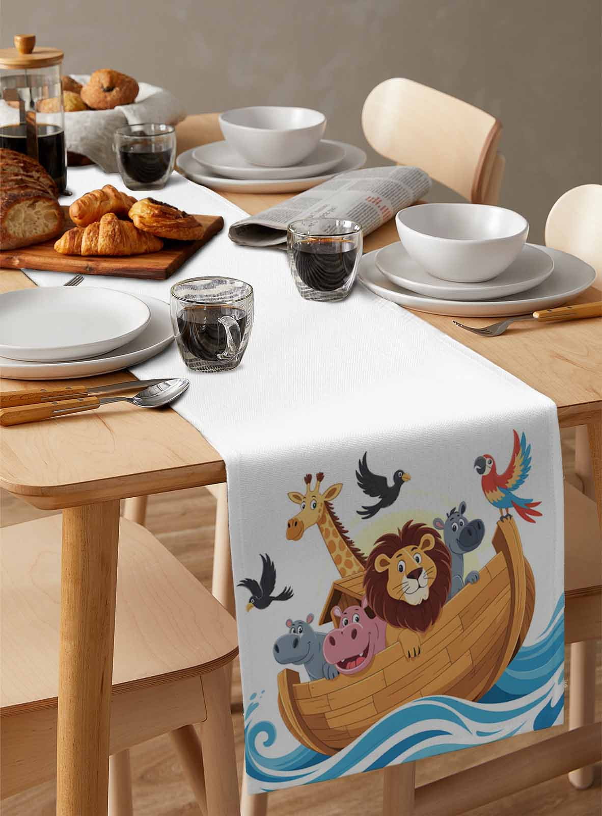 Animals Nautical Burlap Cotton Table Runner 16x72 Inches Long, Cartoon Cute Zoo Boat Aboard Farmhouse Table Runners, Outdoor Dining Tablecloths Decor for Baby Shower/Party/Wedding