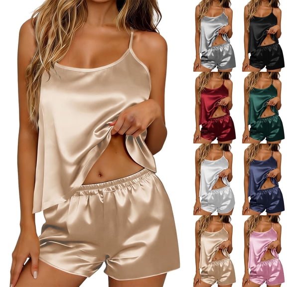 Summer Sets Women's 2 Piece Satin Pajamas Set Camisole Top With Shorts Sleepwear Nightwear Silver Xxl