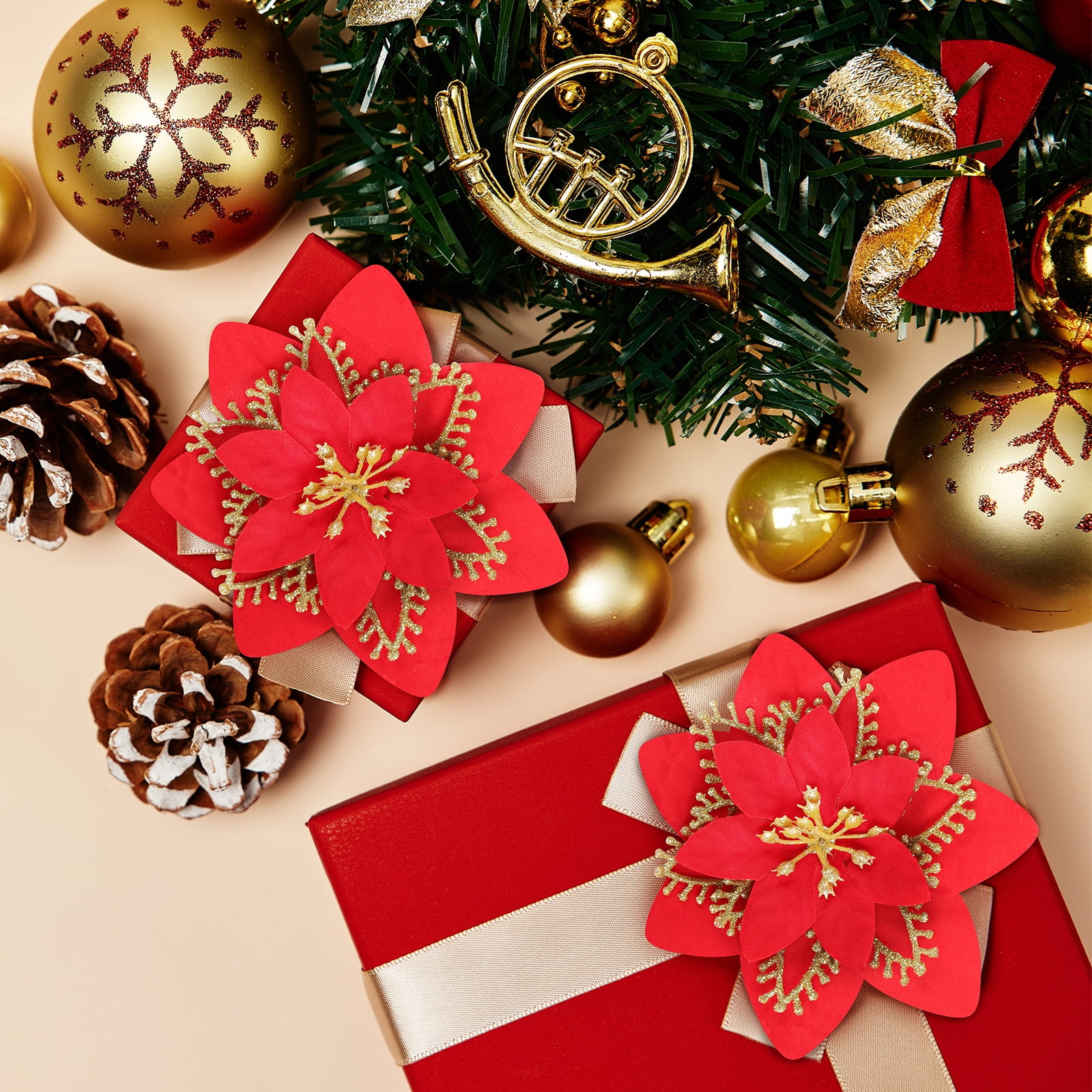 12 Pack 5.5" Artificial Poinsettia Christmas Tree Ornaments Decorations, Red and Gold
