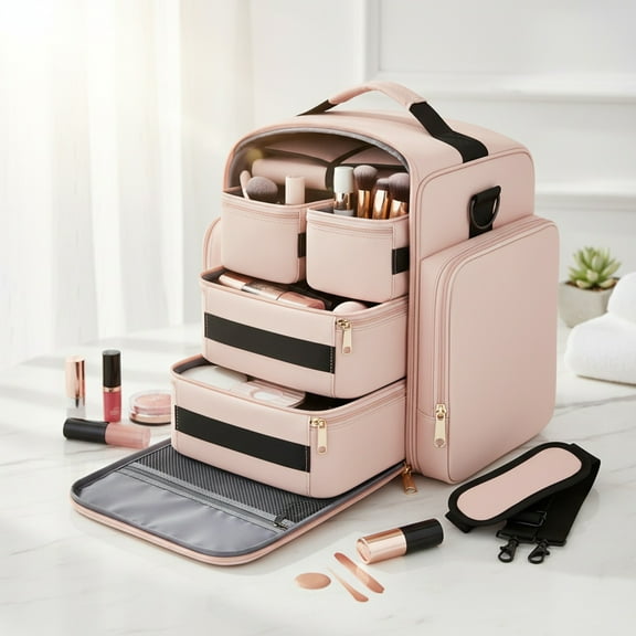 Eurhowing Large Travel Makeup Bag, Water-Resistant Cosmetic Organizer for Women with 4 Removable Organizer Cases & Jewelry Roll, Adjustable Strap Toiletry Bag