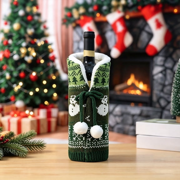 Christmas Wine Bottle Cover, 9.44 in Green Knitted Sweater Sleeve with Pom Pom Ties for Holiday Table Decor, bldnkj
