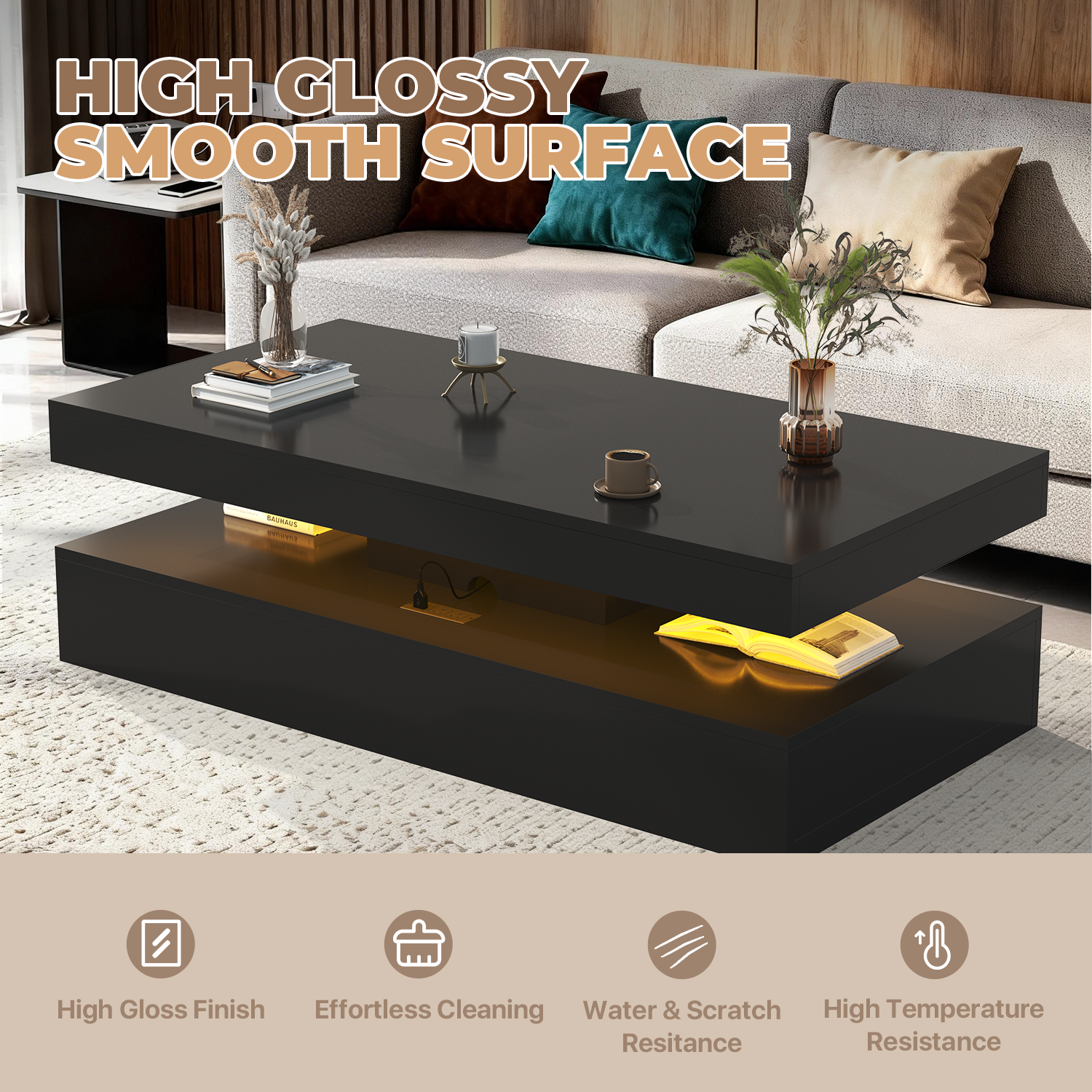BaPiPro 47 Inch Modern LED Coffee Table with 2 Drawers, USB Charging & Smart Control, Large Center Table for Living Room, Black