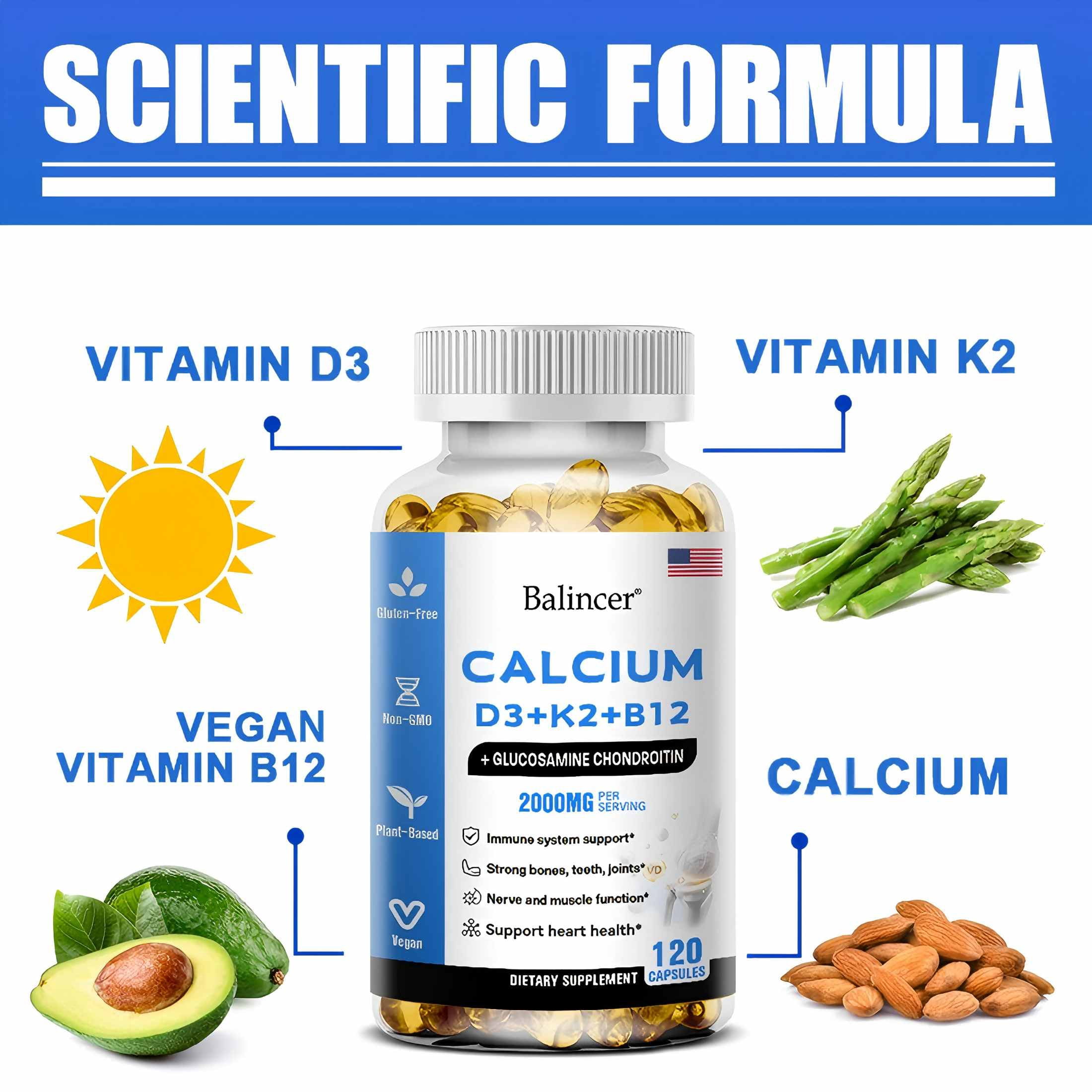 Balincer Calcium & Vitamin D3 Supplement, with Calcium D3+K2+B12, Support Immune Health, 120 Capsules