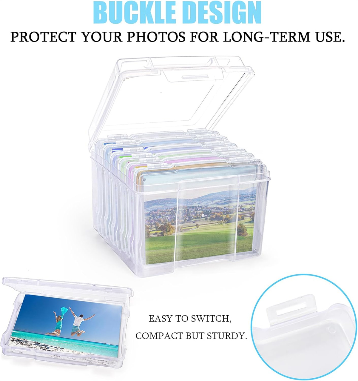 Tutuviw Photo Storage Box with 6 Inner Photo Keeper Containers, Transparent Snap-Tight Plastic Cases Clear Organizer Storage Box Greeting Card Storage & Organizer Box for Photos Crafts Office Supplies