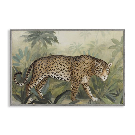 Stupell Industries Prowling Leopard in Forest Landscape Painting Gray Framed Art Print Wall Art, 18 x 12