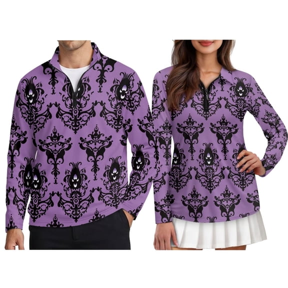 Jeiento Matching Golf Outfits for Couples, Purple Ghost Damask Shirt Includes men’s athletic tee and women golf top, breathable quick dry long sleeve shirt, fit for Halloween outdoor sports