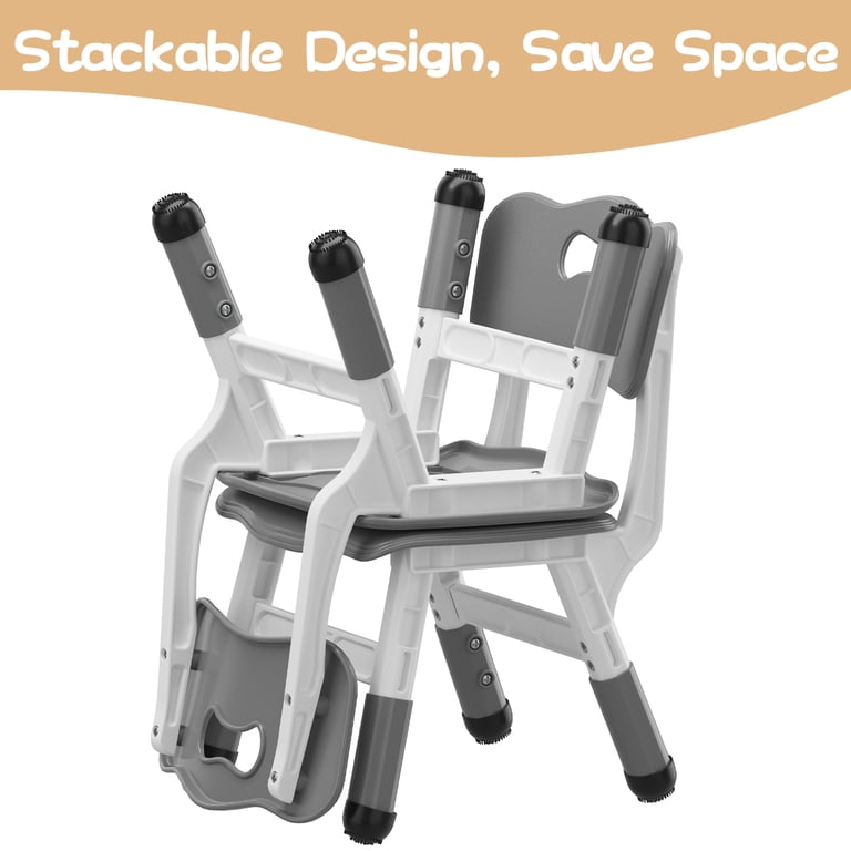 Set Of 2 Adjustable Kids Chairs - 3 Height Levels, Grey Plastic Toddler Chairs For Ages 2-6