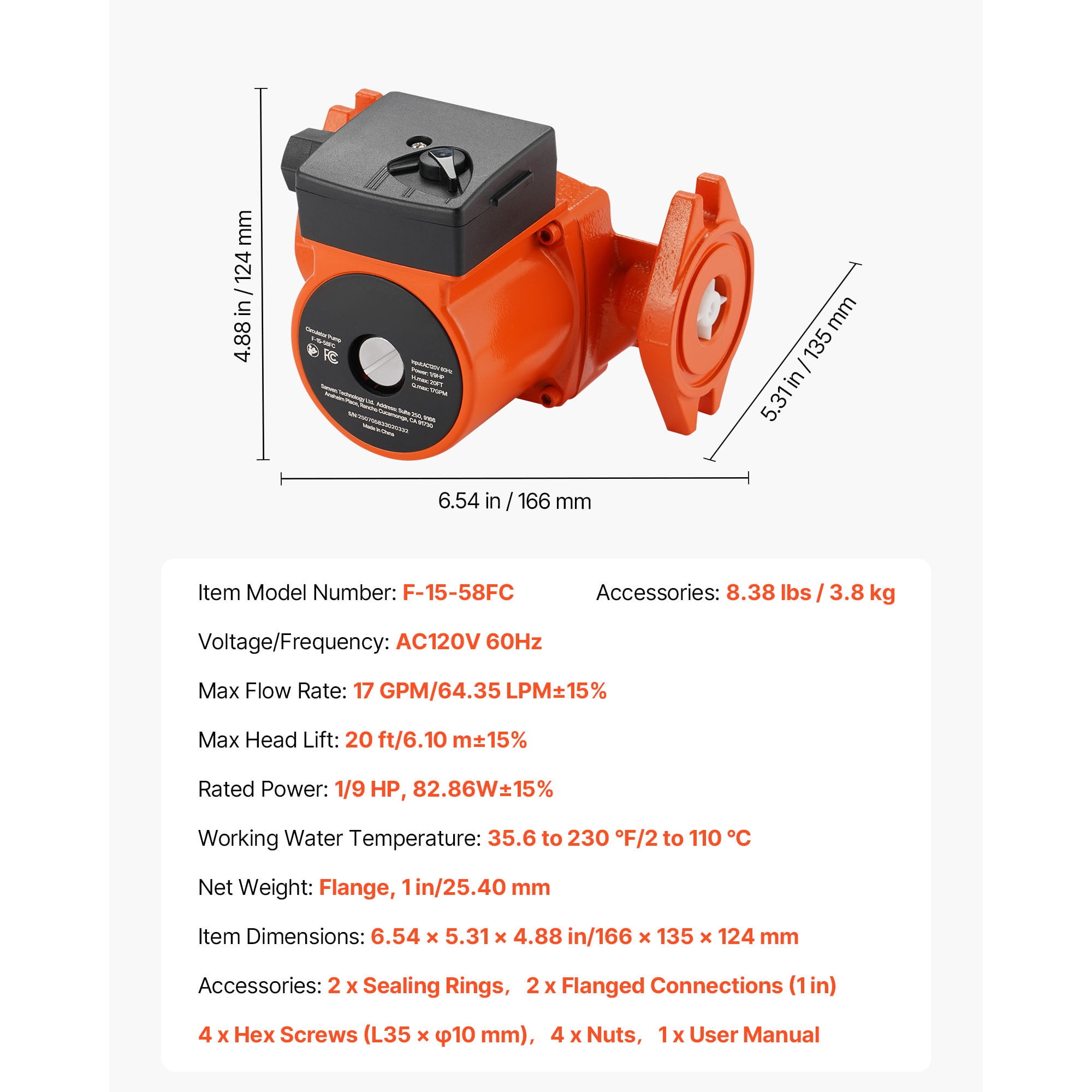 KFFKFF Cast Iron Circulator Pump, 17 GPM, AC 120V, 20 ft Hot Water Recirculation Pump, 1-Inch Flange Connection, 3-Speed Settings, Low-Noise Design, Ideal for Residential Water Heating Systems