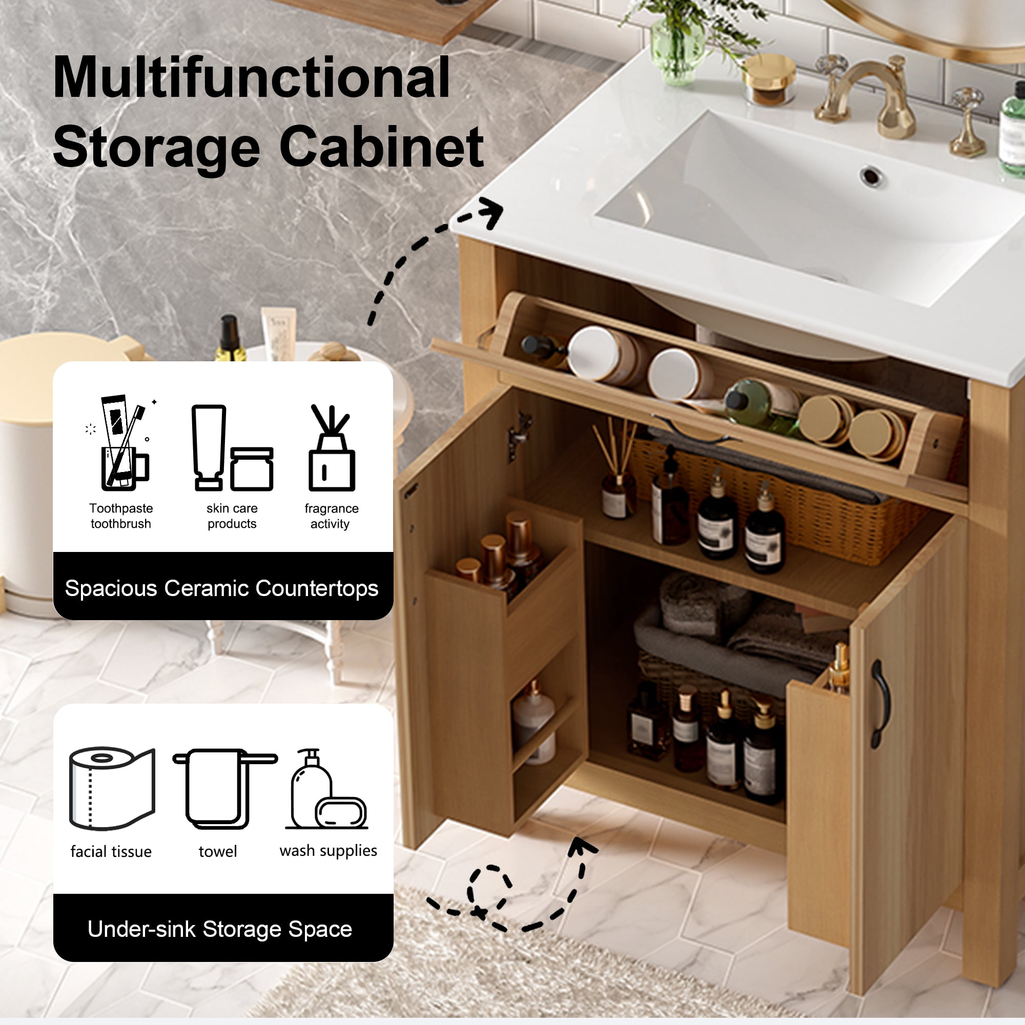 Euroco 30" Wood Bathroom Vanity with Solid Wood Frame, 2 Soft Close Doors,1 Flip Drawer, Adjustable Shelf, Modern Storage Cabinet