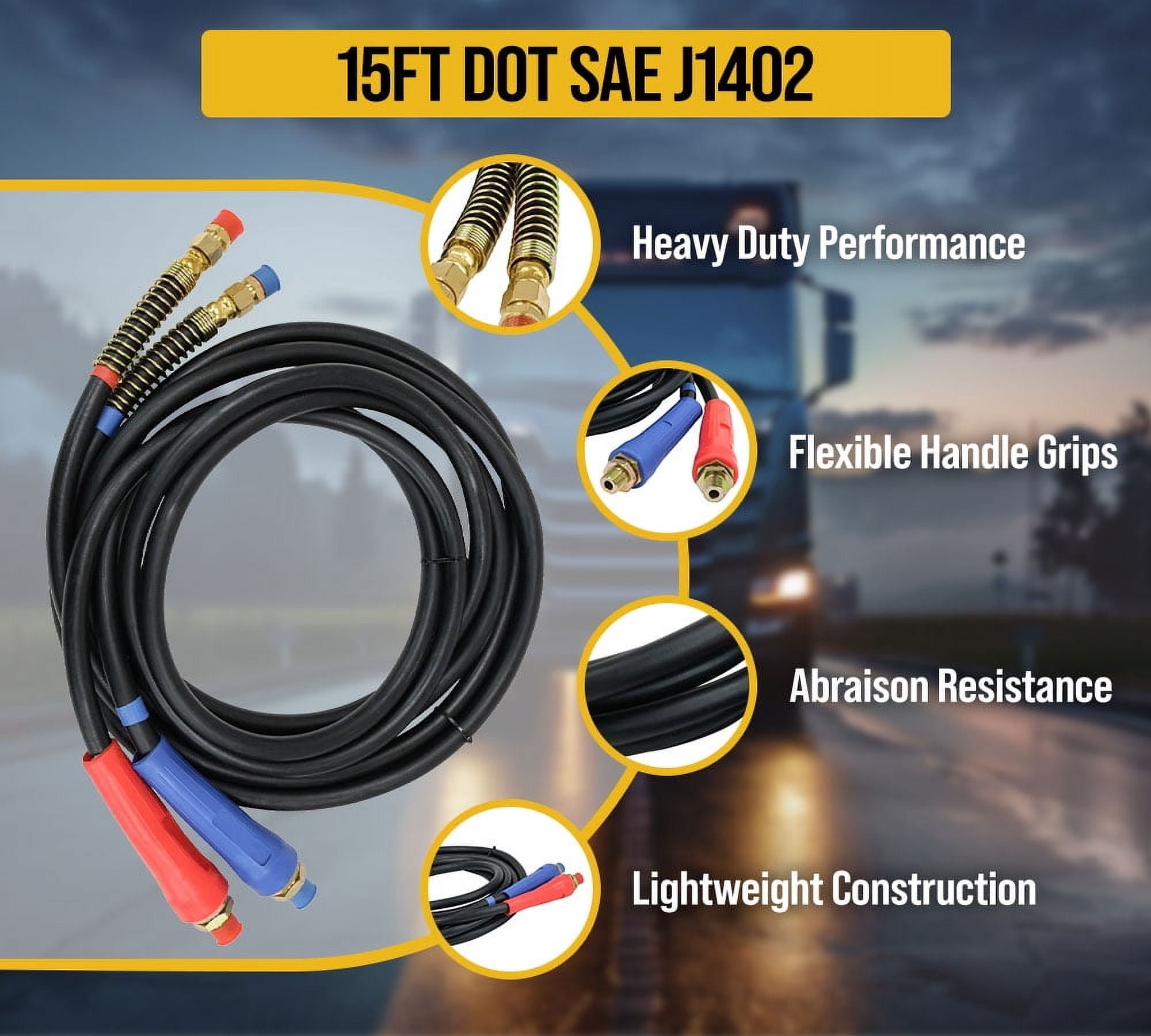 15 Ft Air Line Hose Assemblies with Flexible Grips & 1/2" NPT Fittings - 1 pair (2 pcs) - Air Line Hose Straight Lead Set for Semi Truck, Trailer, Tractor