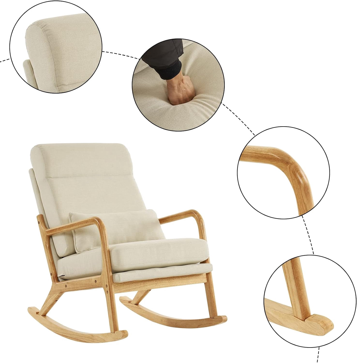 Nursery Rocking Chair Removable Glider Rocker High Backrest Rocking Armchair Mid-Century Accent Chair with Lumber Pillow for Bedroom, Living Room, Nursery, Beige