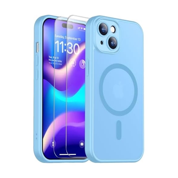 Eryueer for iPhone 15 Plus Case, Magnetic Translucent Matte Case with 2PCS Tempered Glass Screen Protector Slim Phone Case for iPhone 15 Plus 6.7'', Light Blue