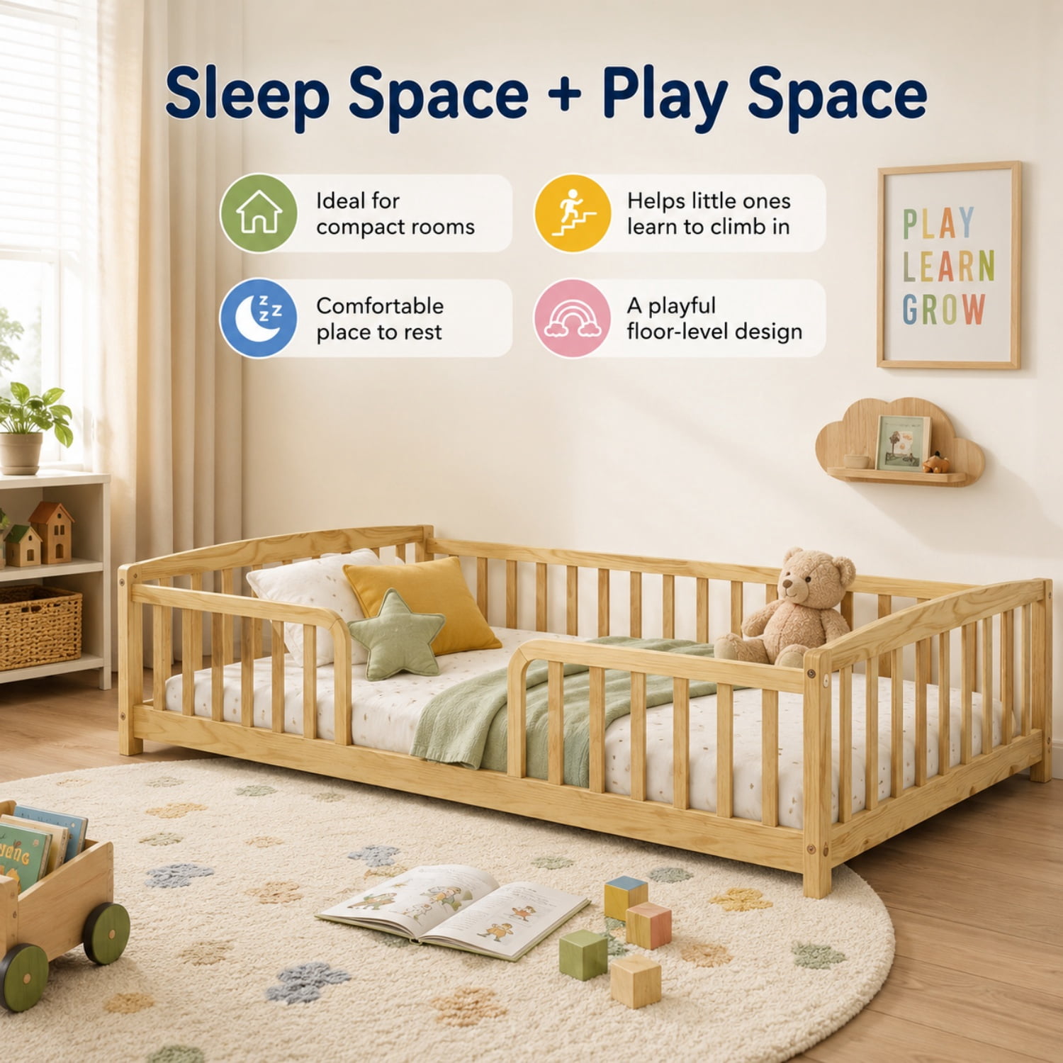Miniyam Twin Kids Floor Bed with Guardrails, Pine Wood Montessori Bed Frame with Rounded Opening, Natural