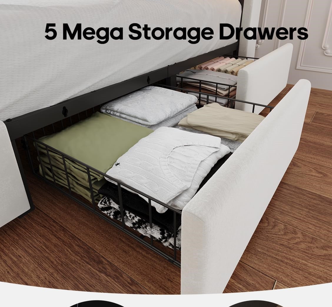 Queen Size Bed Frame with 5 Storage Drawers and Storage Headboard with RGB Lights & Charging Station, Velvet Upholstered Platform Bed Queen Size, No Box Spring Needed, Noise-Free,White