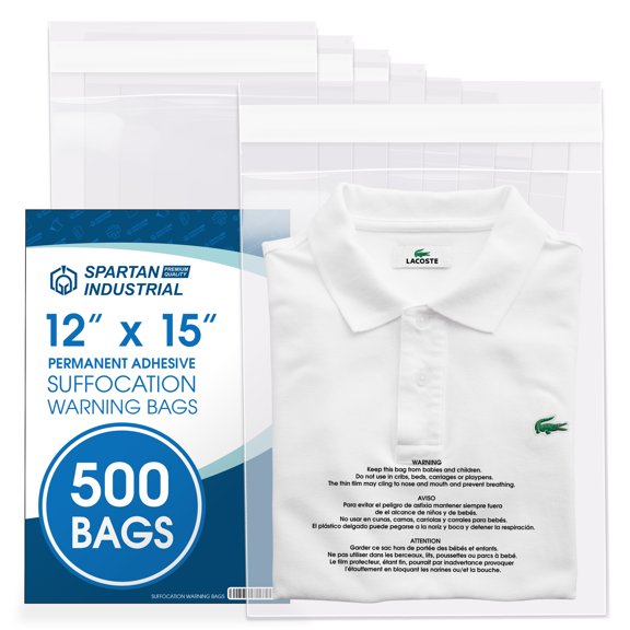 Spartan Industrial - 12" X 15" (500 Count) Self Seal Clear Poly Bags with Suffocation Warning for Packaging, T Shirts & FBA - Permanent Adhesive