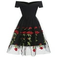thumbnail image 2 of IBTOM CASTLE Women Vintage 1950s Embroidered Off Shoulder 3/4 Sleeves Flower Rose Wedding Cocktail Party Swing Gatsby Evening Short Gown XL Black - Short Sleeve, 2 of 8