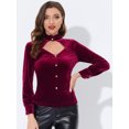 thumbnail image 2 of INSPIRE CHIC Blusa de terciopelo de manga larga elegante gótica con cuello levantado y volantes para mujer Vino rojo S, 2 of 4