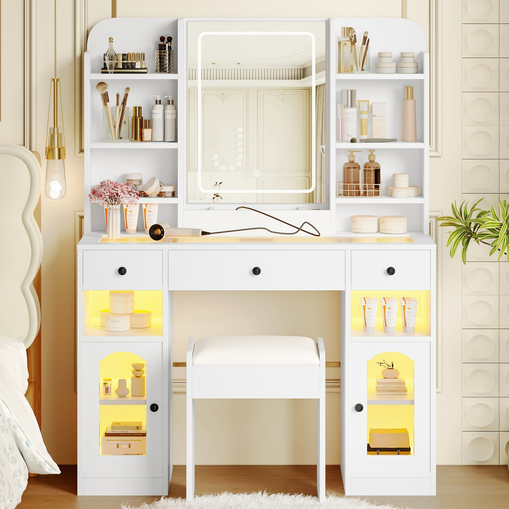 Mintazer 43.2" Vanity Desk Set with LED Mirror & RGB Glass Light Cabinets and Charging Station & 3 Drawers, Makeup Vanity Table Set with Storage Shelves & Stool for Bedroom, White