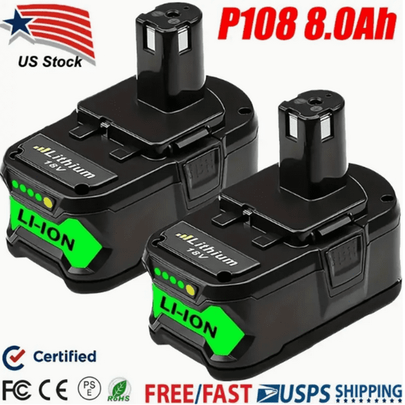 2Pack Upgrade 8.0Ah High Capacity Replacement for Ryobi 18V Battery P108 P104 P105 P102 P103 P122 P109 Li-ION Compatible with Ryobi 18V ONE  System Cordless Power Tools and Charger