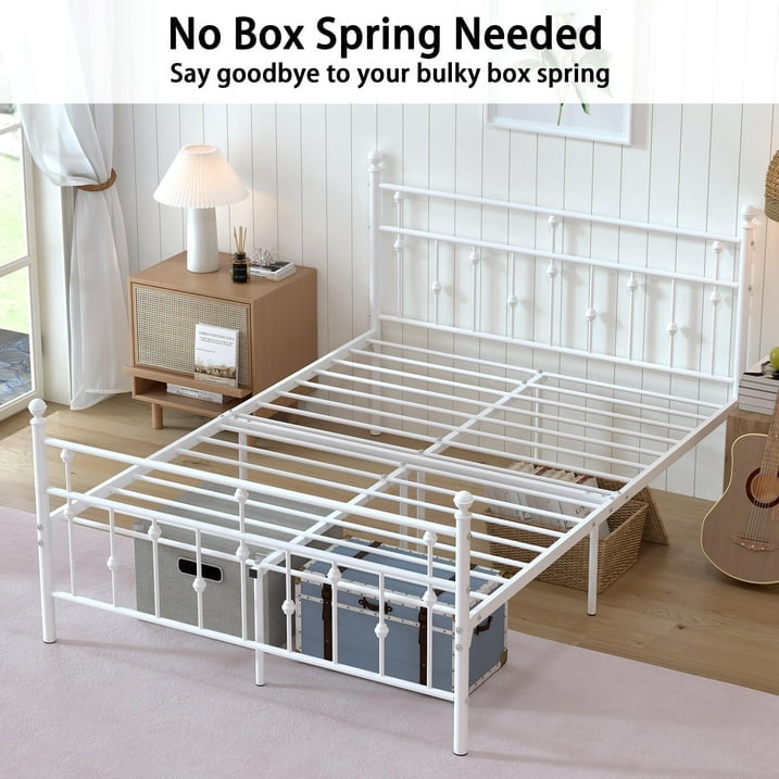 Yoneston Full Size Metal Platform Frame with Retro Headboard and 14-Inch Storage for Teens Adult, No Box Spring Needed - White