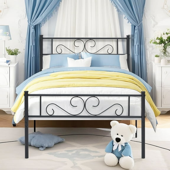 VECELO Twin Metal Platform Bed Frame, Mattress Foundation with Headboard & Footboard, Black