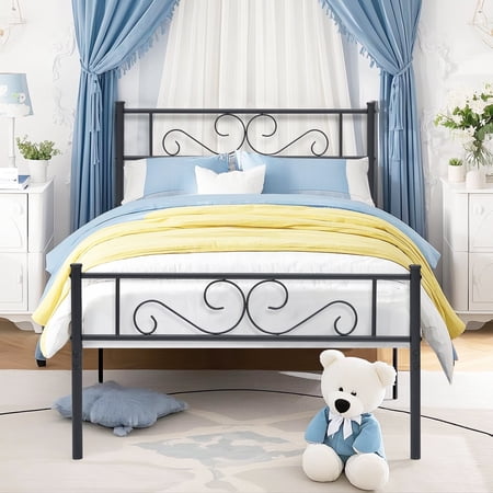 VECELO Twin Metal Platform Bed Frame Mattress Foundation with Headboard & Footboard Black