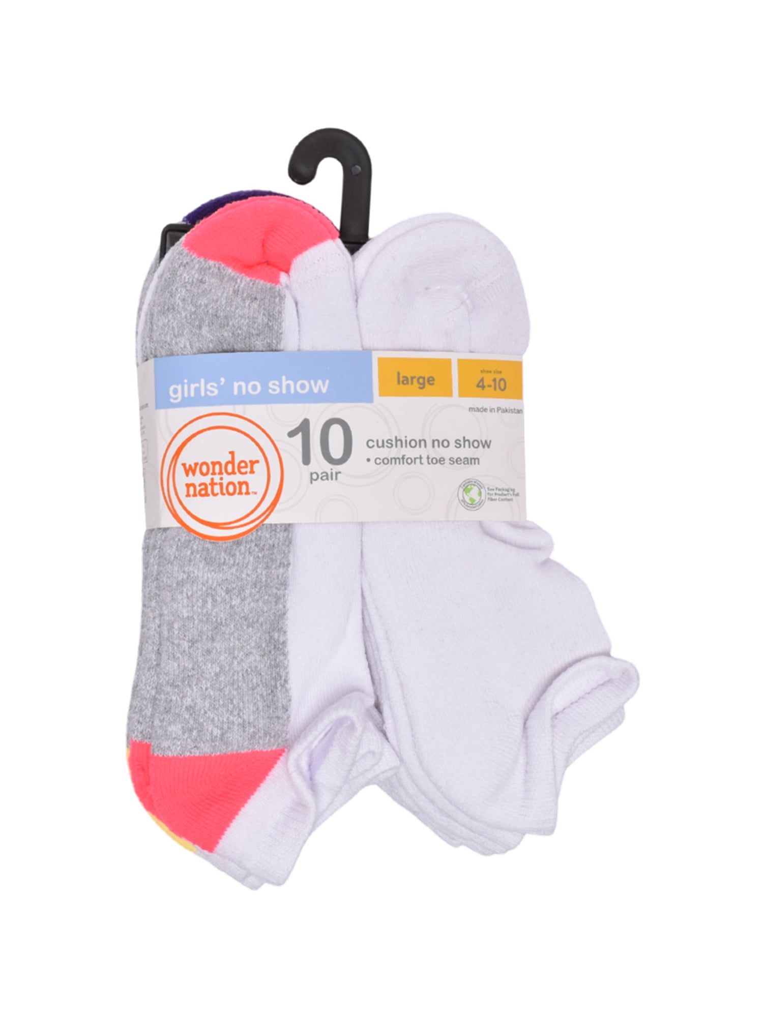Wonder Nation Girls Cushioned No Show Socks, 10-Pack, Sizes S (6-10.5) - L (4-10)