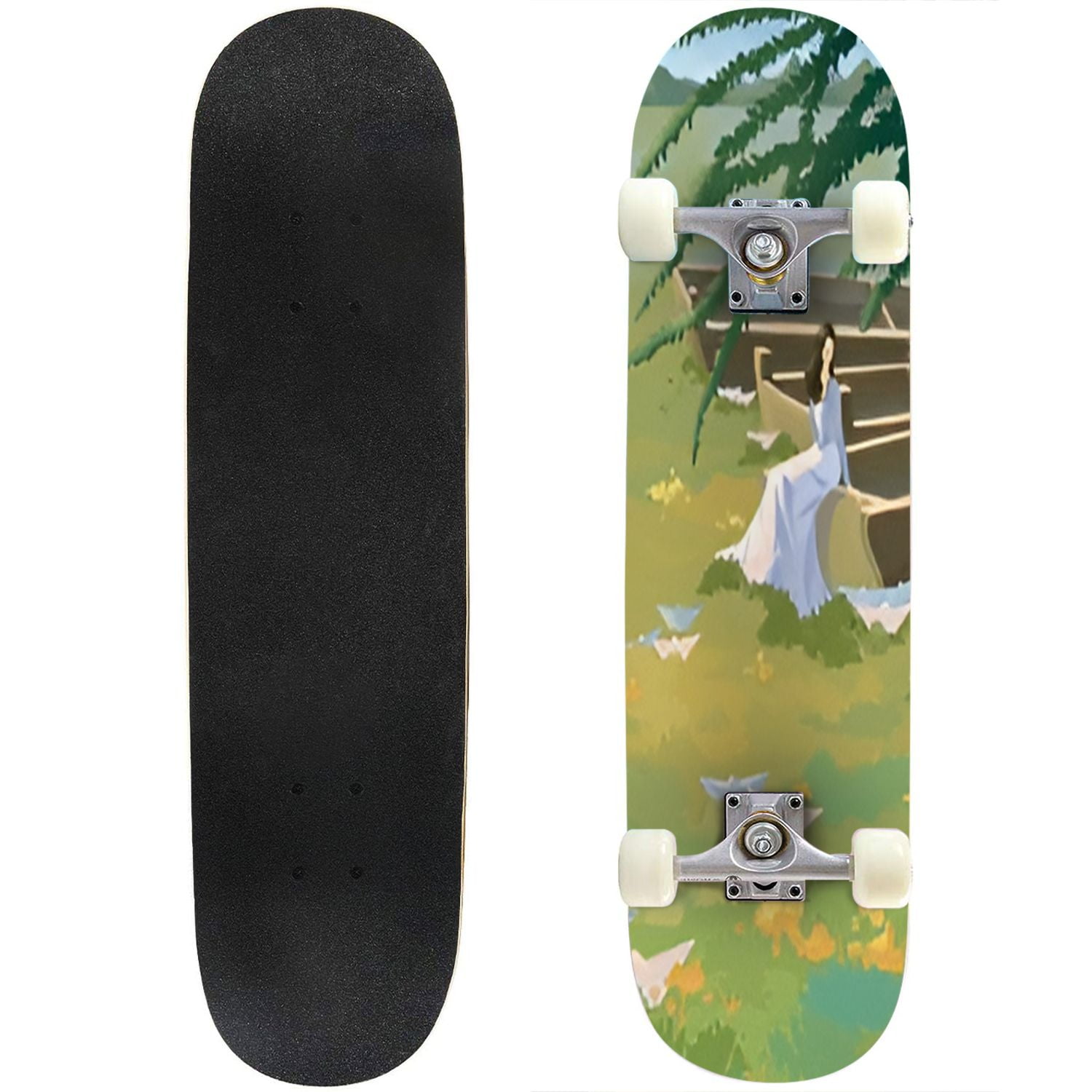XYJ8WH43K Skateboard, Grunge Japanese Green Blossom, 31x8
