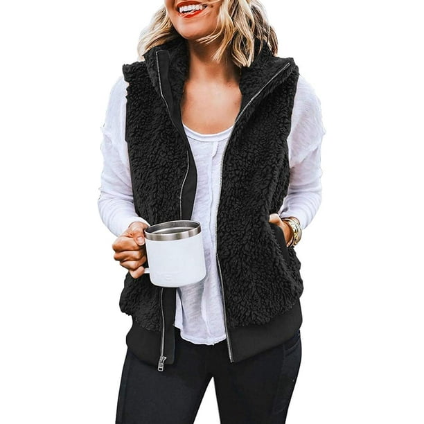 Women Casual Sherpa Fleece Vest Warm Fuzzy Zip Up Vest with  Pockets(Black,XX-Large)