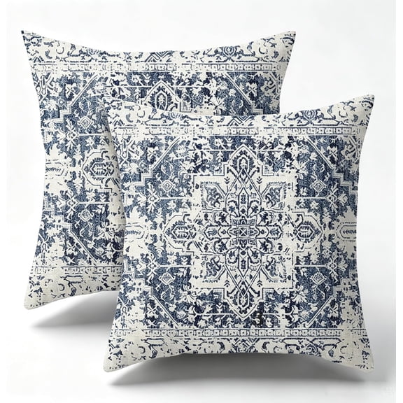 Boho Pillow Covers 45x45 cm Blue Set of 2 | Linen Texture Cushion Covers for Sofa Patio