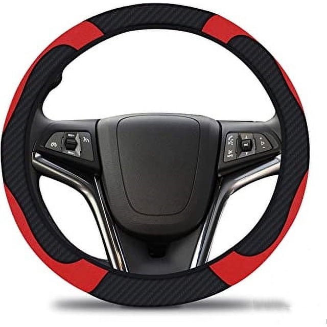 Funda de volante de microfibra (37-39 cm), color negro y rojo, transpirable, de PU, con freno de mano y palanca de cambios, universal y antideslizante.