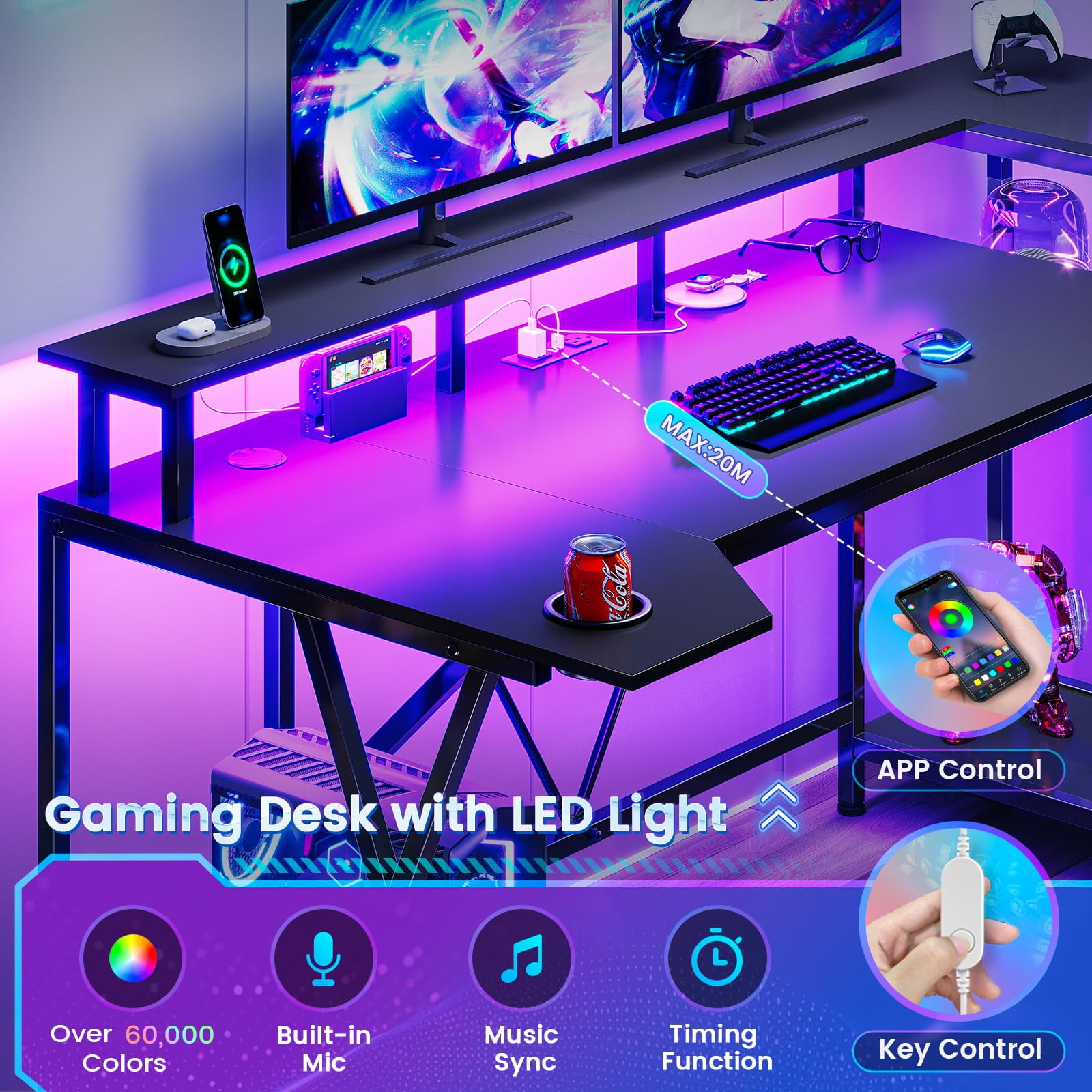 Black 55" Gaming Desk with Monitor Stand, Computer Desk with LED Lights and Storage Shelves, Power Outlets and Cup Holder, Large PC Gaming Table for Bedroom Living Room
