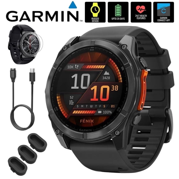 Garmin 010-02905-00 Fenix 8 51mm GPS Smartwatch, AMOLED Slate Gray with Black Silicone Band Bundle with Screen Protector, 3x Silicone Dust Cover and USB Type C Charging and Sync Cable