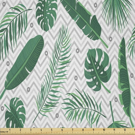 Ambesonne Modern Boho Fabric by the Yard Microfiber, Tropic Leaf Designs, 2 Yards, White Forest Green Grey
