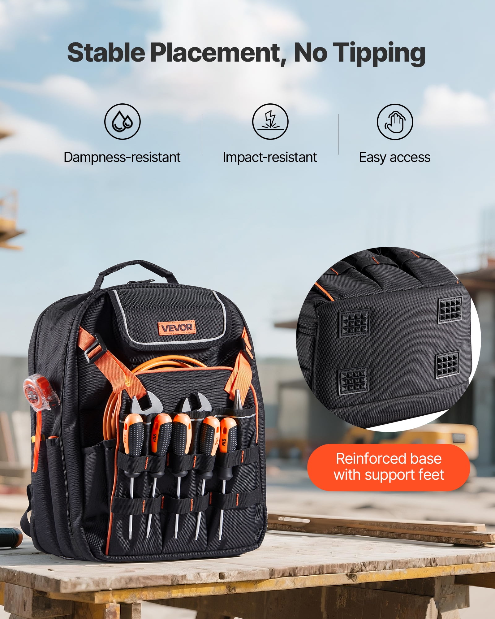 VEVOR Tool Backpack, 45 Pockets, Heavy-duty Tools Storage Organizer Work Bags with Laptop Compartment & Reinforced Fabric Basee, Electrician Jobsite Backpack for Electrician, Repairman