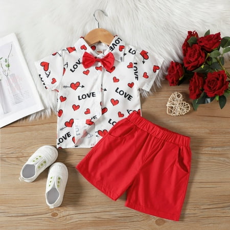 

Ruidigrace Toddler Boys Valentine s Day Short Sleeve Hearts Printed T Shirt Tops Shorts Gentleman Kids Outfits
