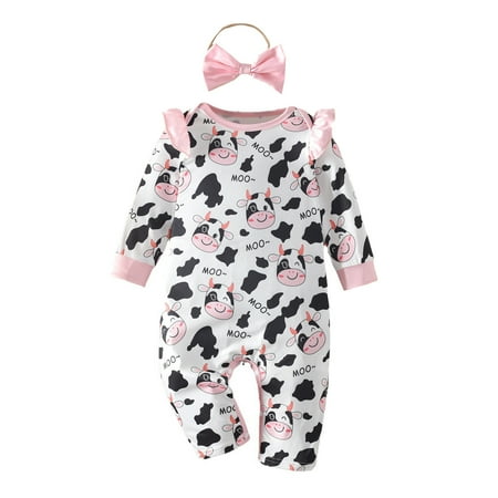 

Boys Girls Long Sleeve Cartoon Dairy Cow Prints Romper Jumpsuit Headbands Set Cute Baby Girl Clothes Baby Romper Girl 9-12 Month Girl Clothes Girls Easter Clothes Big Girls Rompers and Jumpsuits