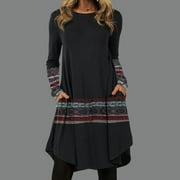 zanvin Fashion Casual Women O-Neck Long Sleeve Mini Dress Printed Patchwork Dress holiday dress gifts clearance sale