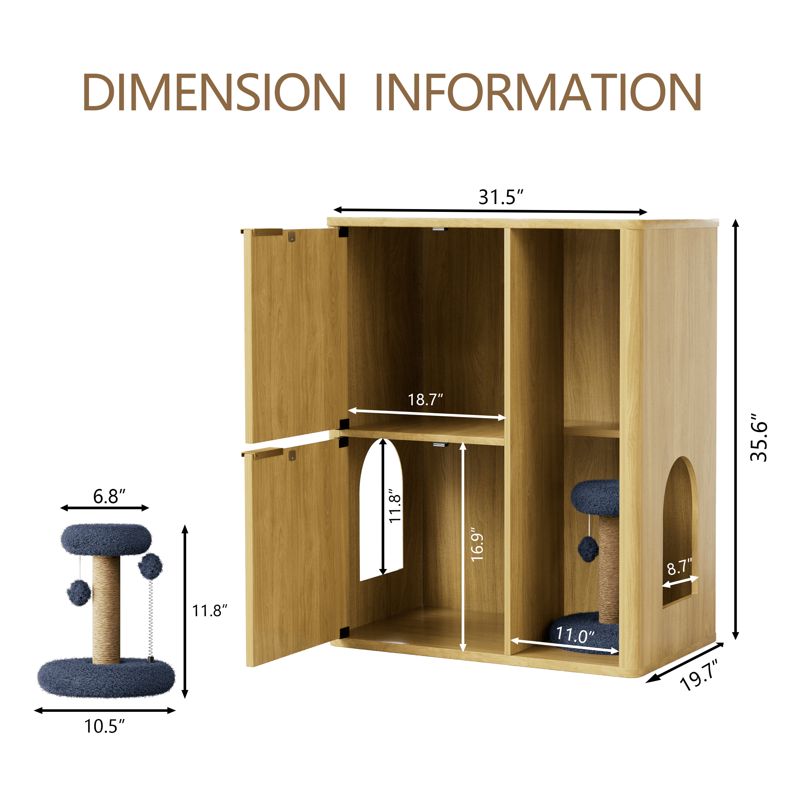 Cat Litter Cabinet with Cat Tree and Dual Cat Doors, Concealed Litter Box Enclosure and Storage Shelf for Living Room Bedroom, Natural