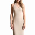 thumbnail image 4 of Womens Summer Bodycon Knit Long Dress Spring Beach V Neck Casual Sleeveless Ribbed Sweater Dresses Cream White L, 4 of 6