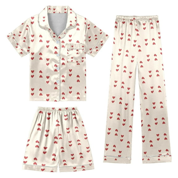 Girls Silk Pajamas Size 10-12 3pcs Button Down Pjs Short Sleeve Top Shorts & Long Pants Cute Patterns Valentine's Day Pajama Sets Loung Sets Silk Nightwear Lounge Sleepwear for Kids