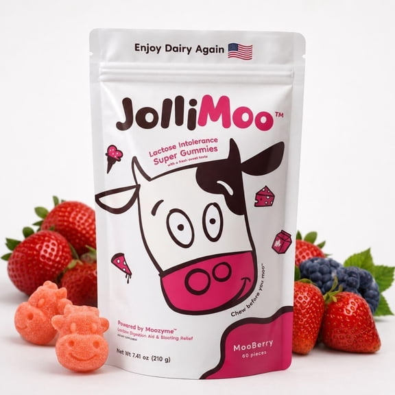 JolliMoo Lactase Enzyme Dietary Supplement Gummies, Mooberry, 60 Count