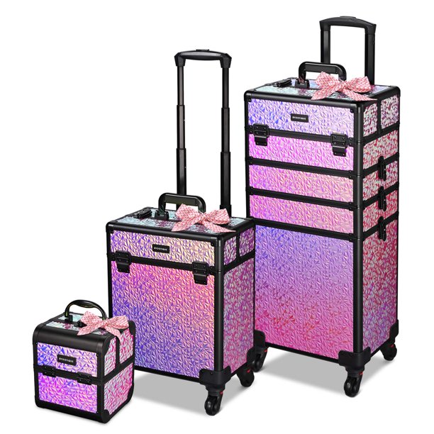 Byootique Rolling Makeup Train Case 3-Piece Cosmetic Organizer Kit Trolley Organizer Travel Case Lockable Salon Barber Case Traveling Cart Trunk with Wheels for Makeup Artist Trave Nail,Mermaid Pink