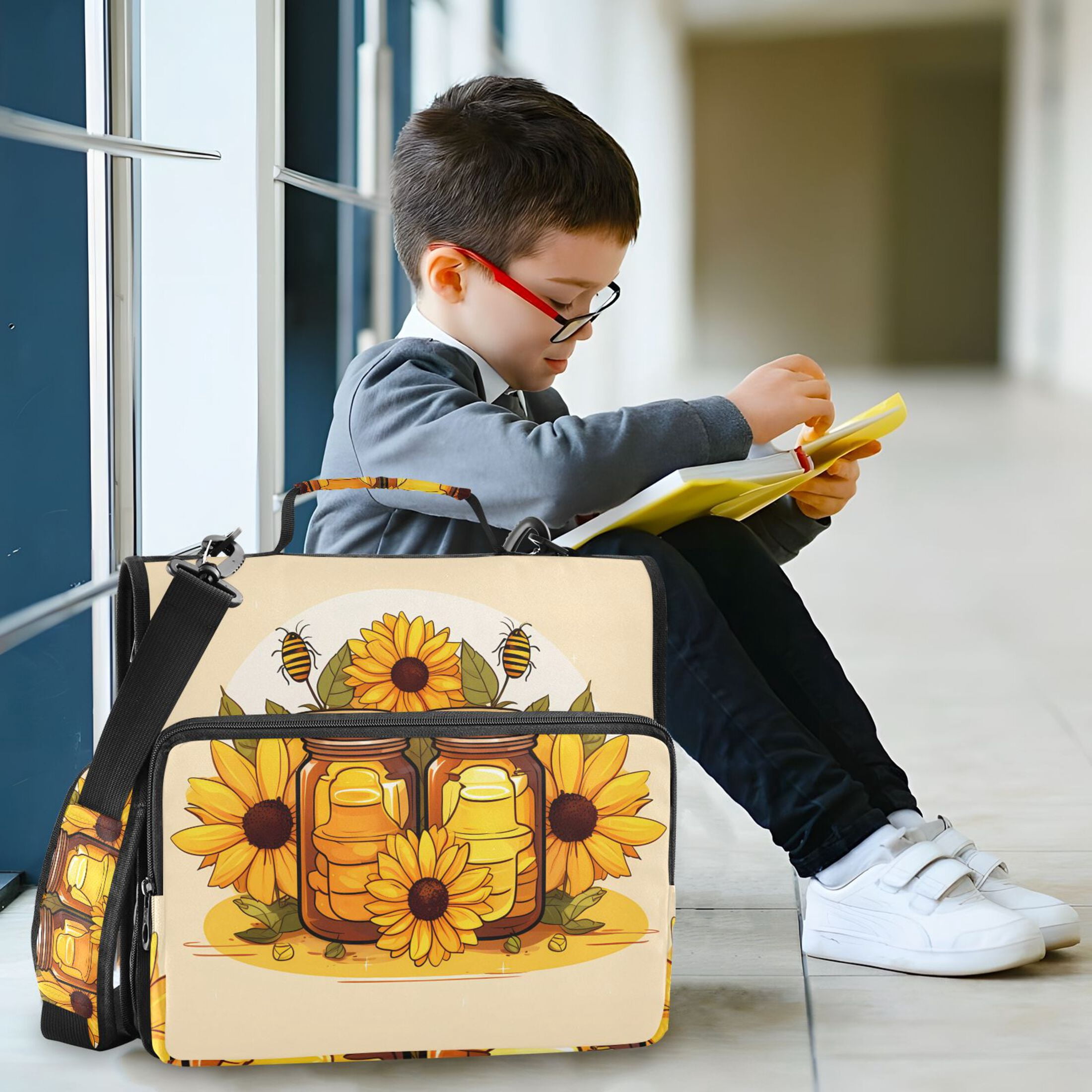 3 Ring Zipper Binder with Shoulder Strap Waterproof Trapper Keeper 2 Inch D-Ring 500 Sheets Capacity Sunflowers Honey Jars Bee