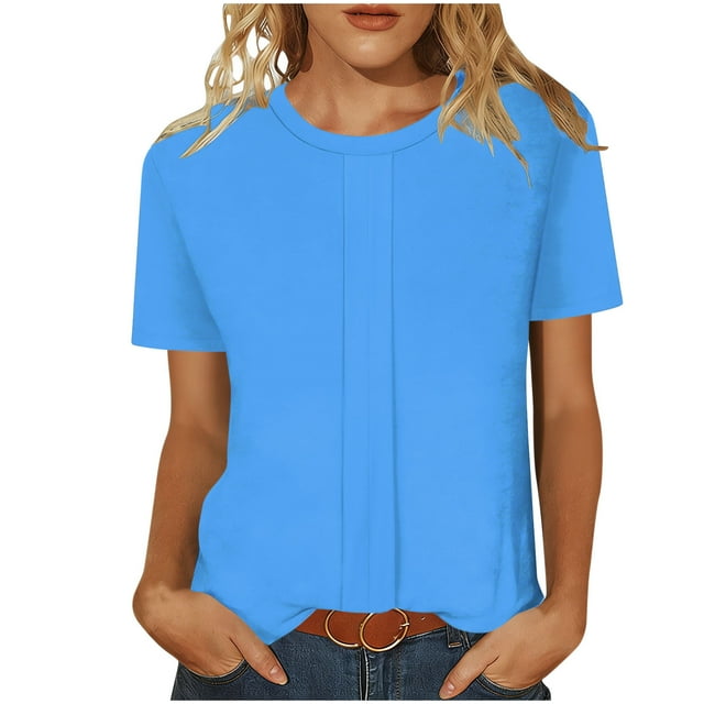 Ltctricy T-Shirts pour Femmes Tendance à Manches Courtes Col Rond Tunique Plissée Hauts Habillés Décontractés T-Shirts Doux Amples Blouses