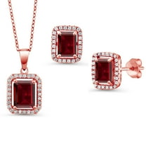 Gem Stone King 18K Rose Gold Plated Silver Red Garnet Pendant and Earrings Jewelry Set for Women | 7.27 Cttw | Emerald Cut 9X7MM and 8X6MM | Gemstone January Birthstone | with 18 inch Silver Chain