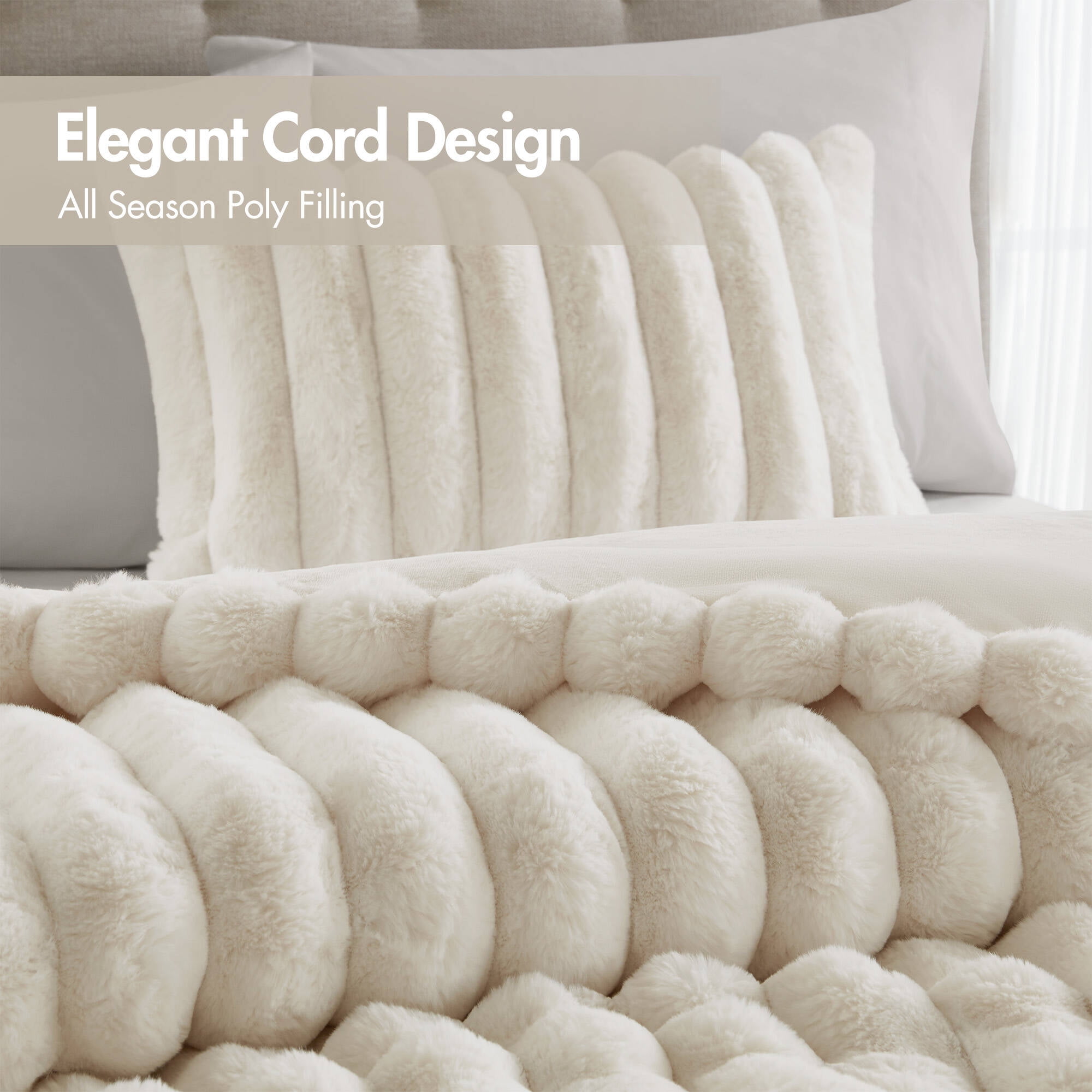 Regency Heights King Size Comforter Sets, Ivory Fluffy Ribbed Plush Bedding Set, 3-Piece Faux Fur Ribbed Bedding Comforter Set