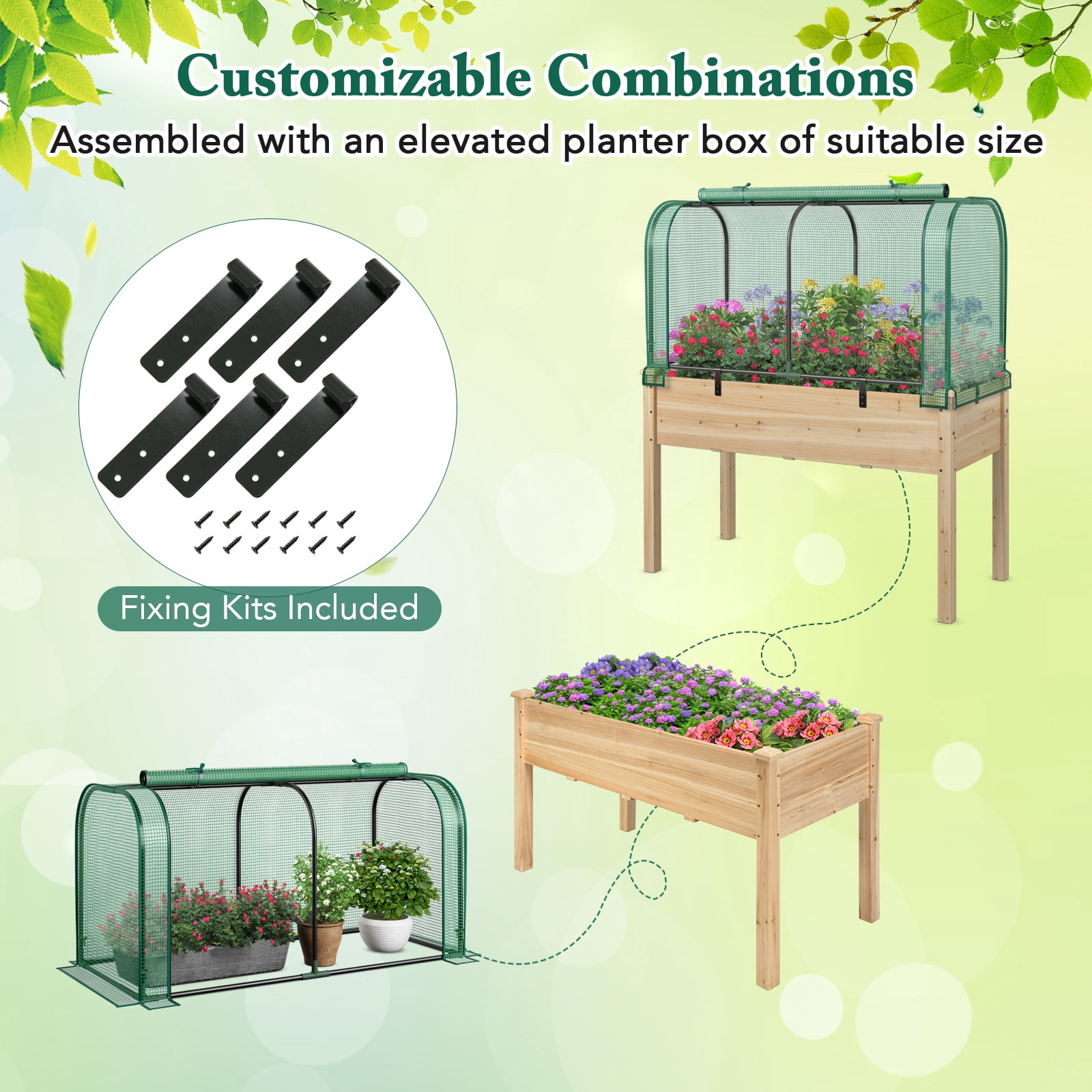 Topbuy Raised Garden Bed with Greenhouse Waterproof Sun-Protective Green Hot House Green+Natural