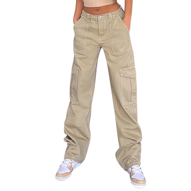 Pantalones de cintura alta para mujer Gibobby Khaki M