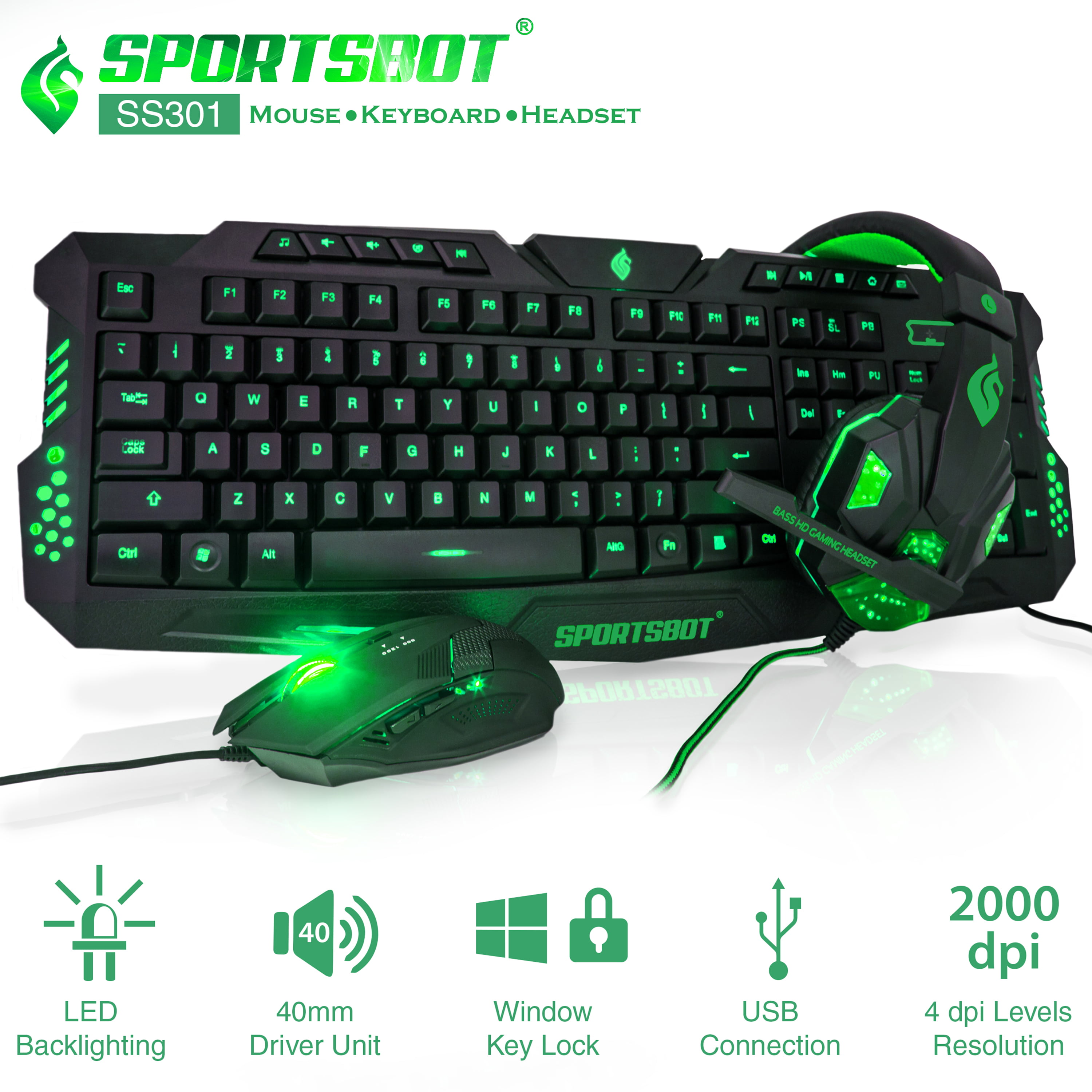 SportsBot SS301 Green LED Gaming Over-Ear Headset, Keyboard & Mouse